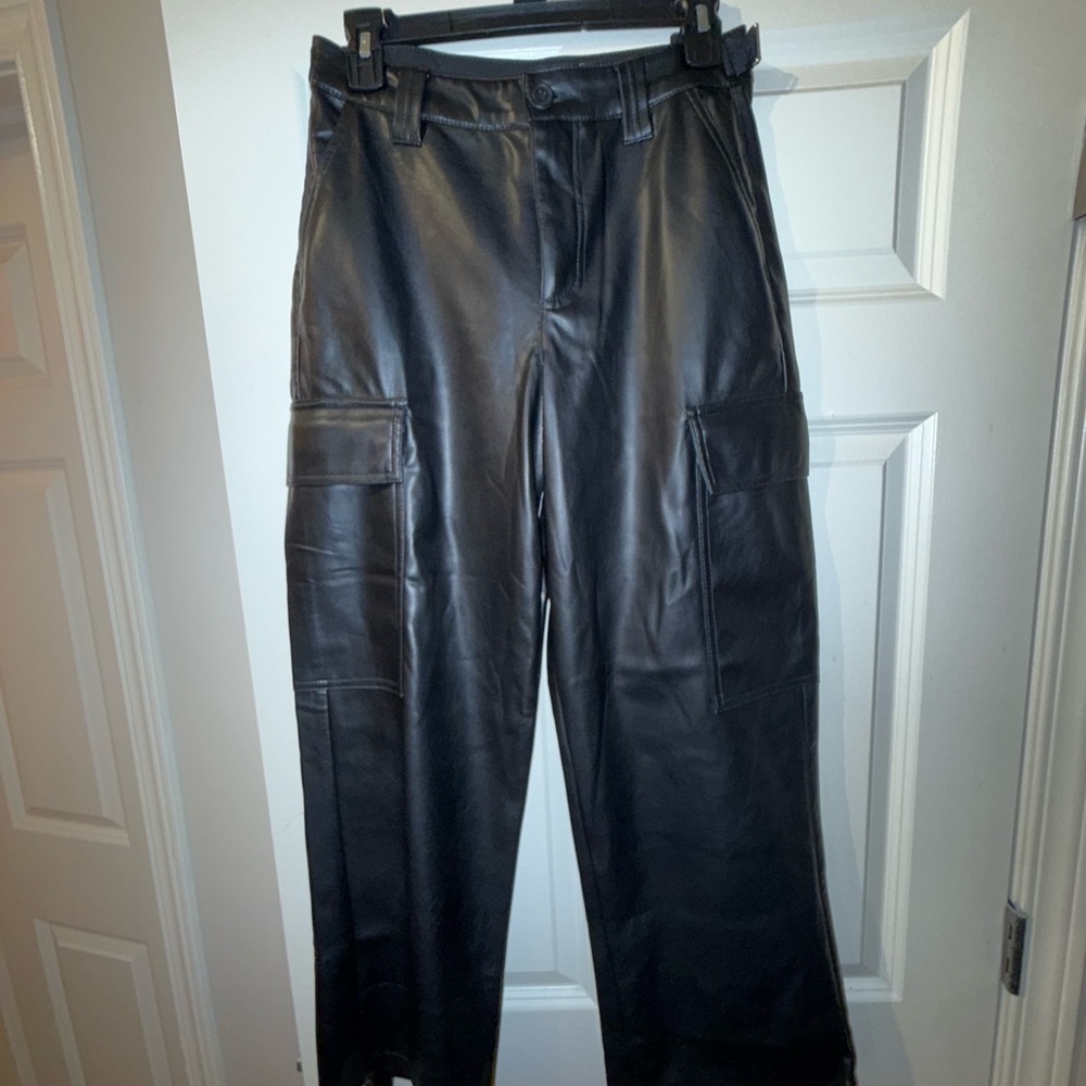 Black Faux Leather Cargo Pants
